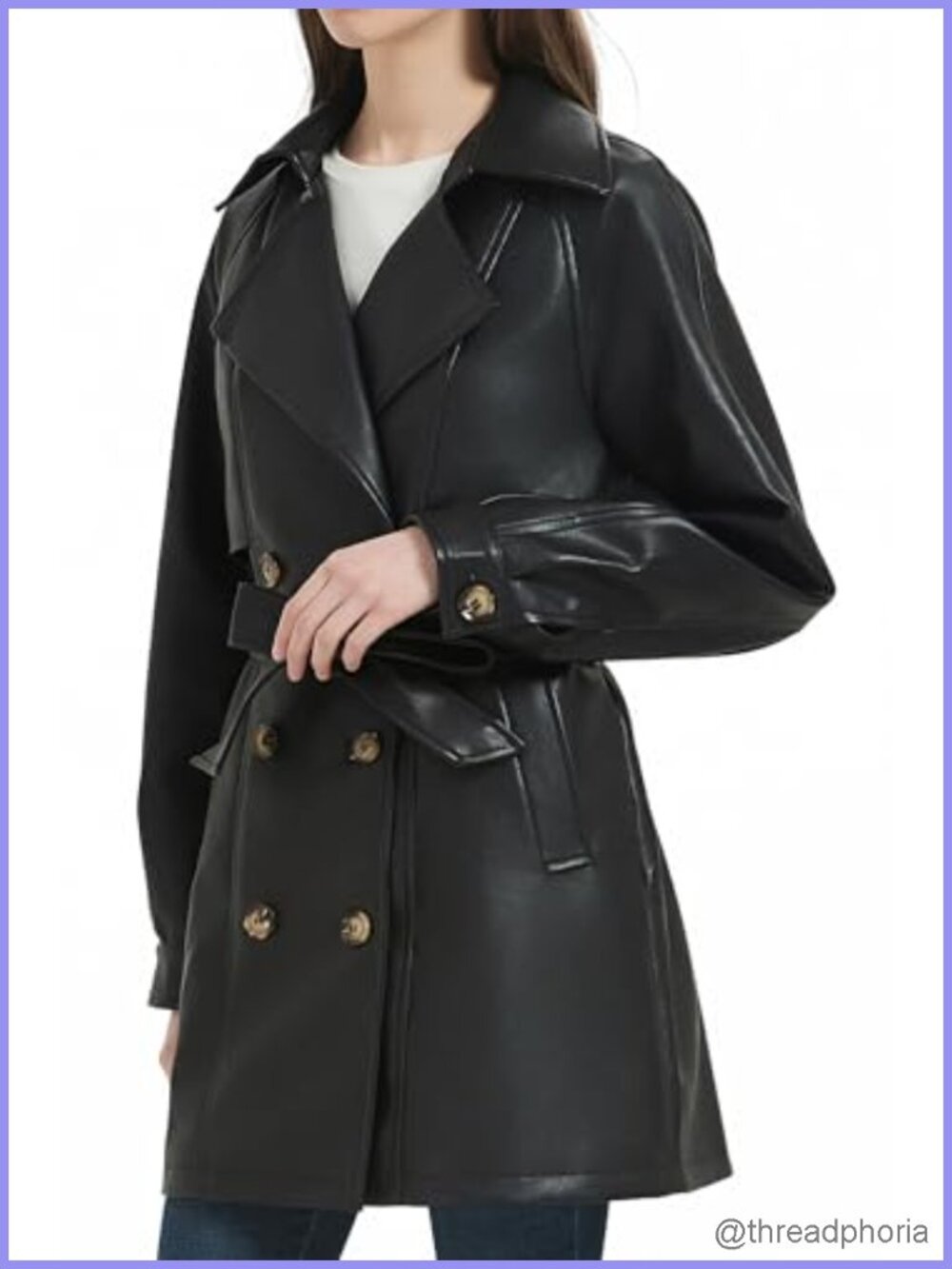 Faux Leather Mid Length Trench Coat Double Breasted Relaxed Fit